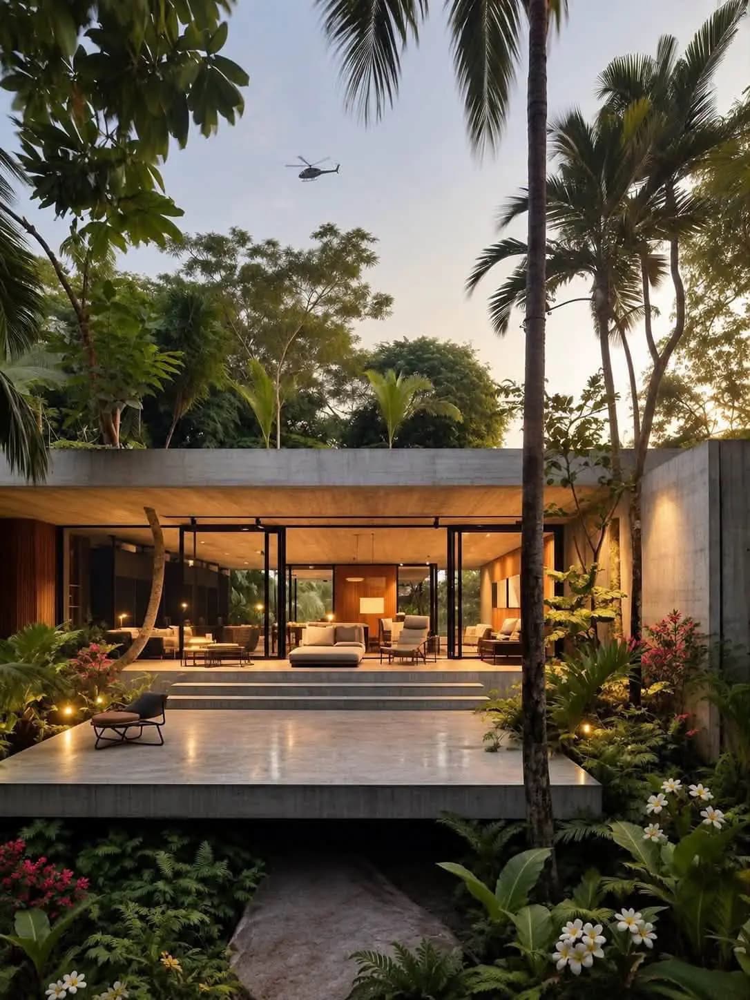 Modern pavilion among tropical landscaping