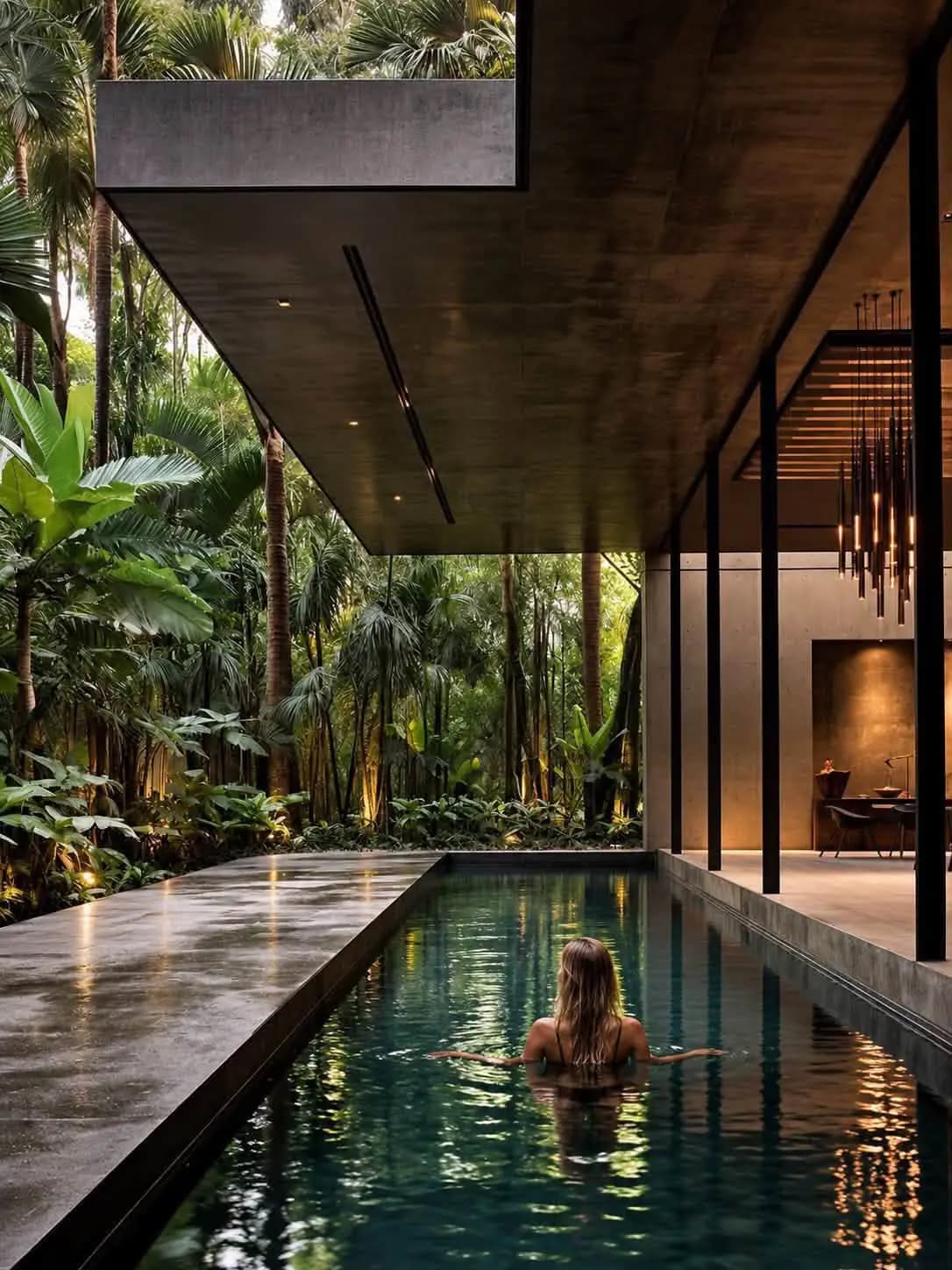 Covered architectural walkway beside dense planting