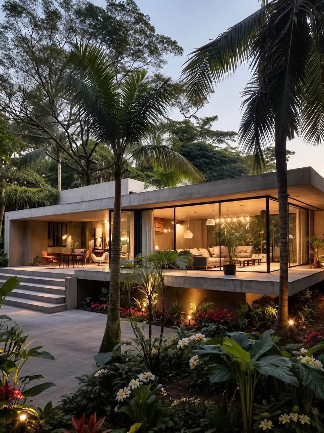 Low modern roofline among palm trees